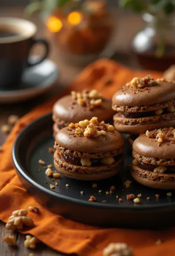 Kávés-karamellizált diós macaronok tálalva