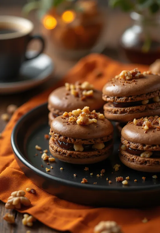 Kávés-karamellizált diós macaronok tálalva