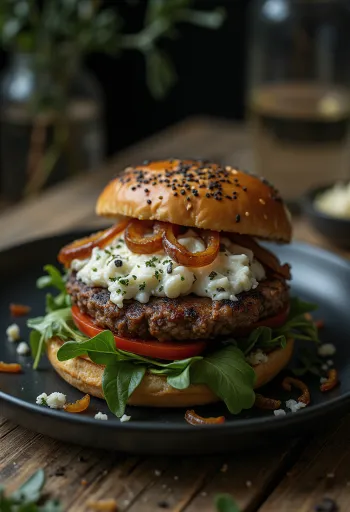 Kéksajtos burger tálalva