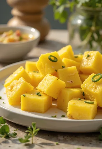 Khaman besan chana dhokla, indiai étel joghurttal, fokhagymával és friss korianderrel tálalva