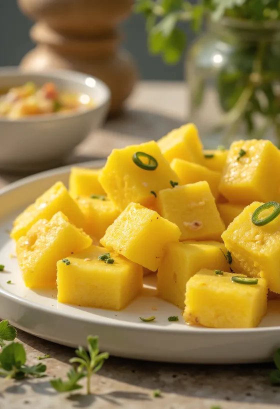 Khaman besan chana dhokla, indiai étel joghurttal, fokhagymával és friss korianderrel tálalva