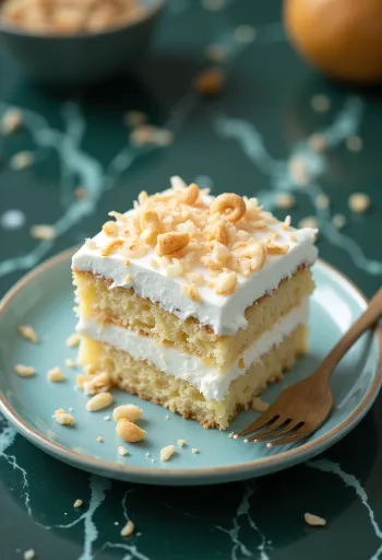 Kókuszhabos torta tálalva kókuszreszelékkel