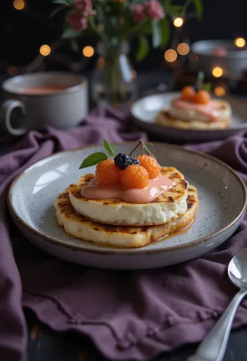 Leipäjuusto lakkahabos változat, áfonyával és tejszínes habbal tálalva