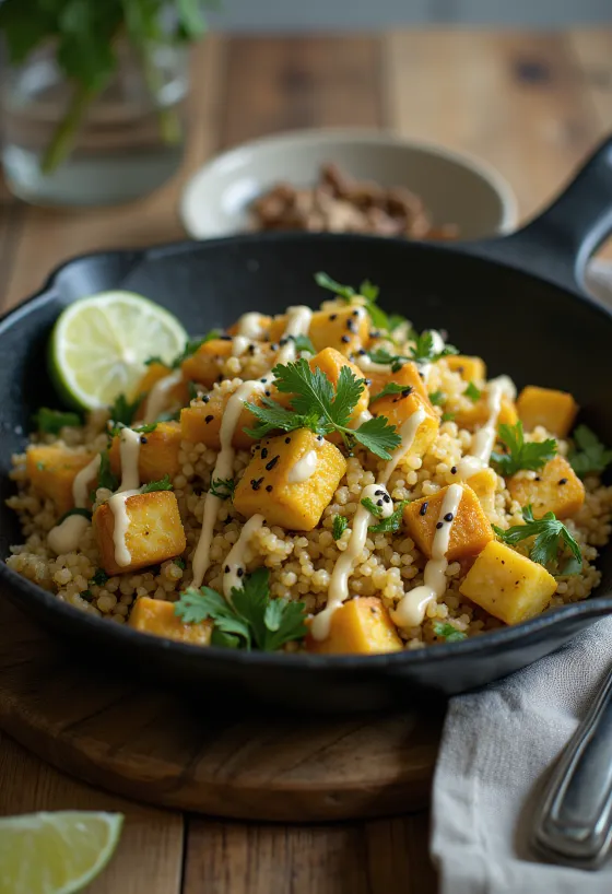 Lime quinoa wok currys tahini tofuval tálalva
