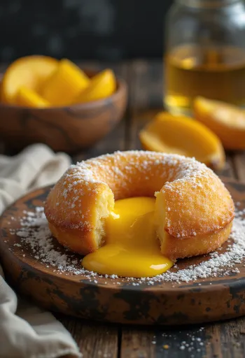 Malasada mangókrémmel, porcukorral és friss menta levelekkel díszítve