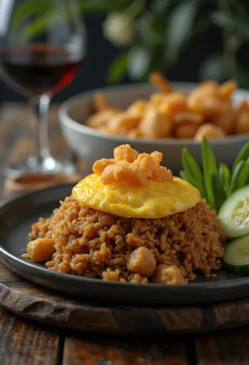 Nasi Goreng Csirkehússal, gazdag fűszerekkel, csirkével és tojással tálalva