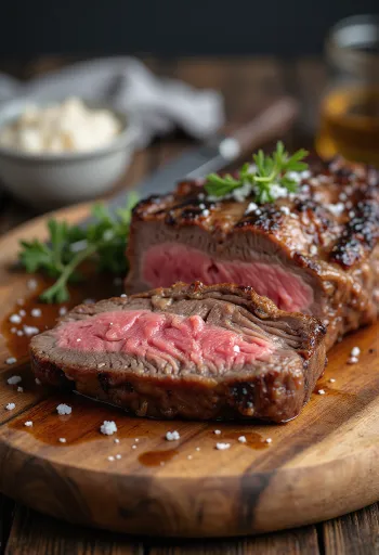 Picanha, grillezett brazil marhahús szeletek sült burgonyával és chimichurri szósszal