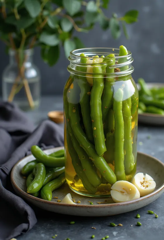Pickled green beans in a glass jar