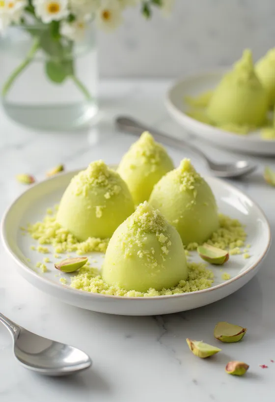 Pista kulfi, finom pisztáciás desszert, rózsavízzel és friss pisztáciával díszítve