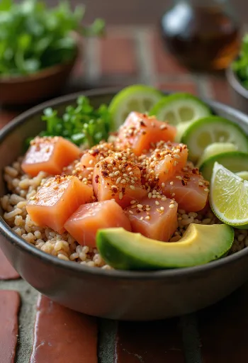 Poké bowl barna rizzsel, tonhallal, avokádóval és friss korianderrel tálalva