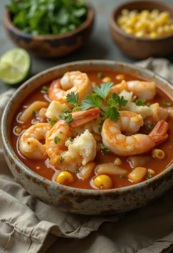 Pozole con mariscos tálalva lime-mal, korianderrel és friss zöldhagymával