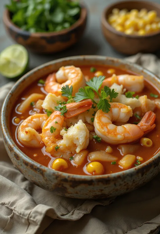 Pozole con mariscos tálalva lime-mal, korianderrel és friss zöldhagymával