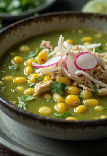 Pozole verde csirkehússal és korianderrel tálalva