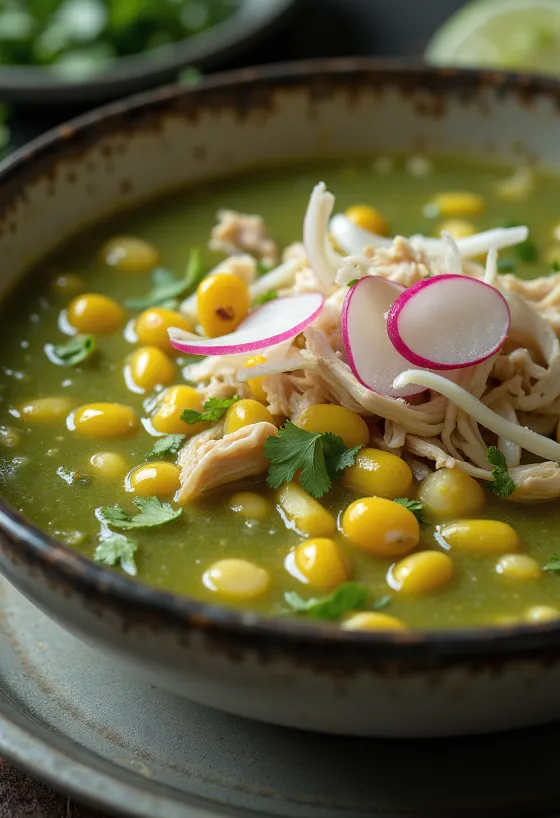 Pozole verde csirkehússal és korianderrel tálalva