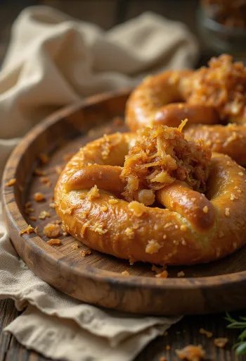 Pretzel pörkölt hagymával tálalva, gazdag karamellizált hagymával, kívül ropogós és belül puha.