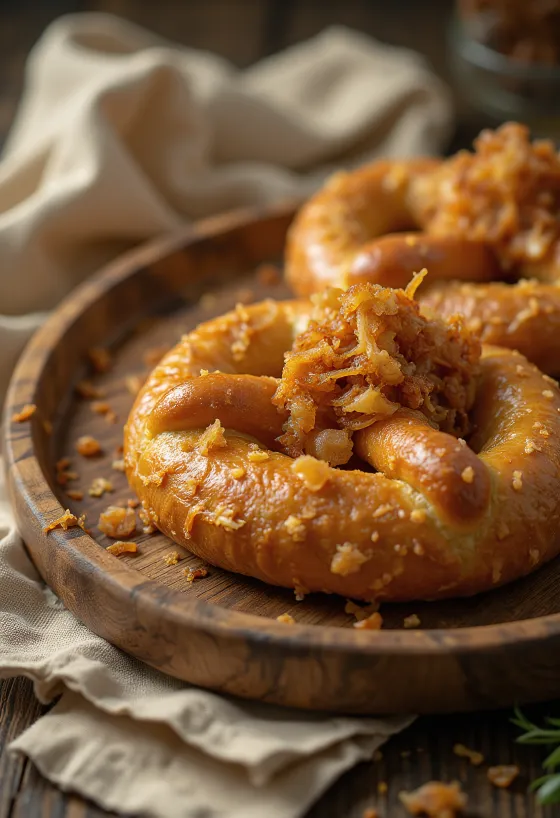 Pretzel pörkölt hagymával tálalva, gazdag karamellizált hagymával, kívül ropogós és belül puha.