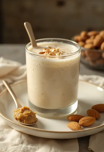 Probiotikus zabkefir mandulával ízesítve, világos krémes színű ital pohárban