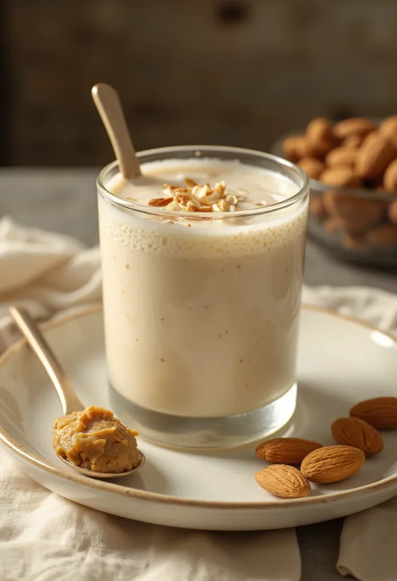 Probiotikus zabkefir mandulával ízesítve, világos krémes színű ital pohárban