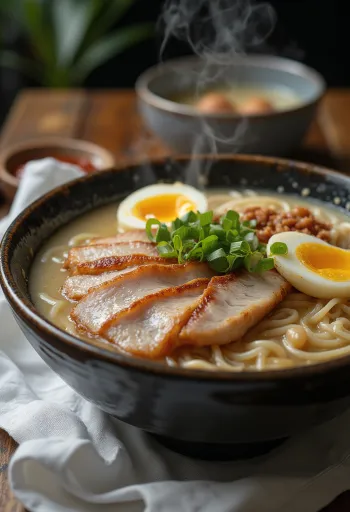 Ramen tál sült sertéshússal, tésztával és feltétekkel