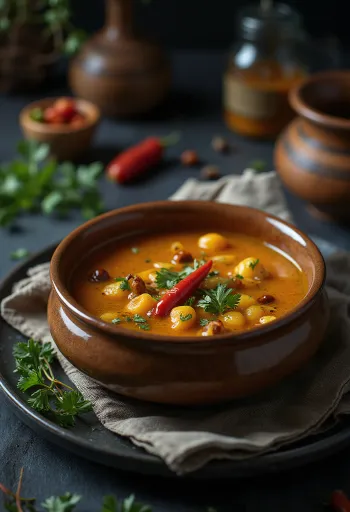 Rasam tamarinddal, tálalva friss korianderrel