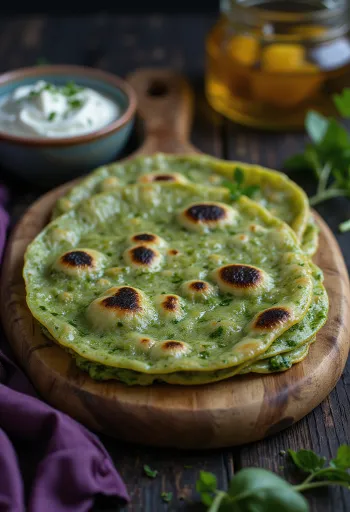Roti spenóttal, friss spenóttal és ropogós roti-val tálalva