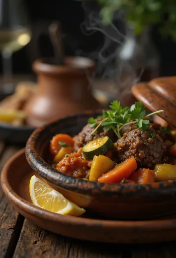 Klasszikus tagine bárányhússal, gazdag zöldségekkel tálalva, fűszeres öntettel