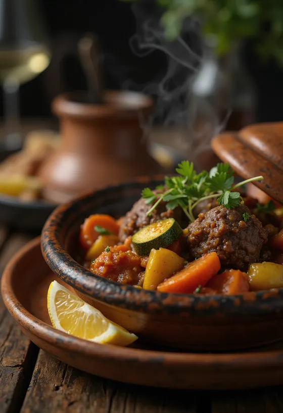 Klasszikus tagine bárányhússal, gazdag zöldségekkel tálalva, fűszeres öntettel