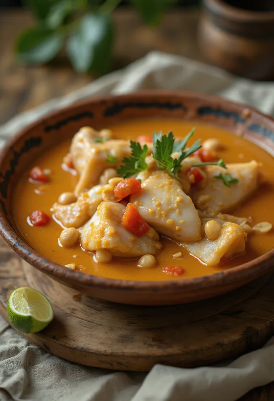 Vatapá de peixe com amendoim, gazdag kókusztejes mogyorós halétel friss rizs kíséretében