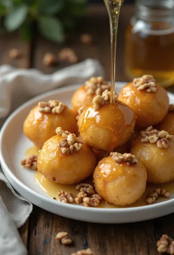Zeppole mézzel és dióval, aranybarna sütemények mézzel tálalva