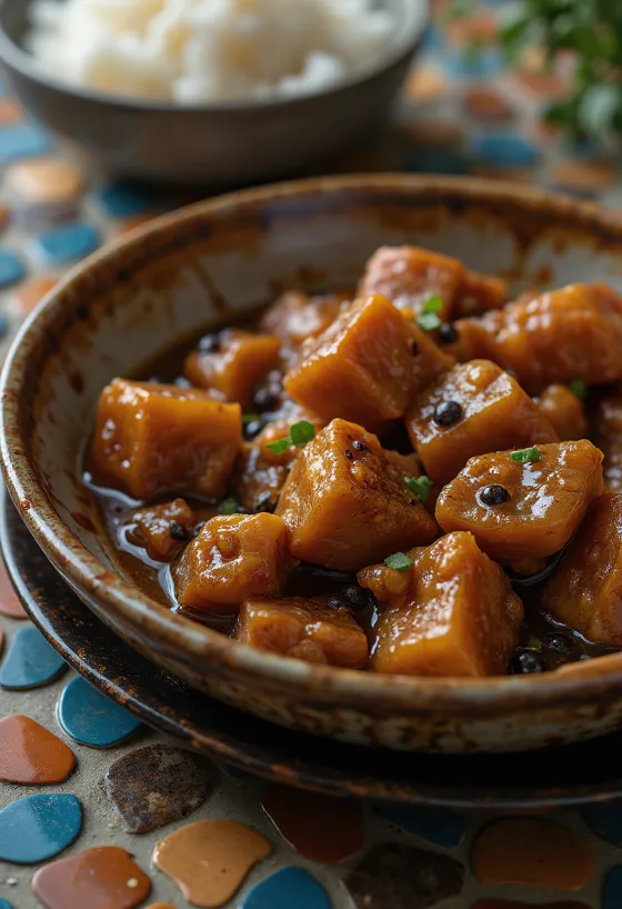 Adobo sertéshússal, tálalva rizs és friss koriander mellett