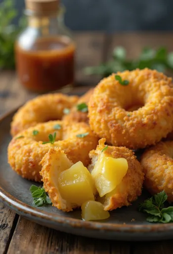 Ananászos korokke, aranybarna, ropogós falatok tálalva