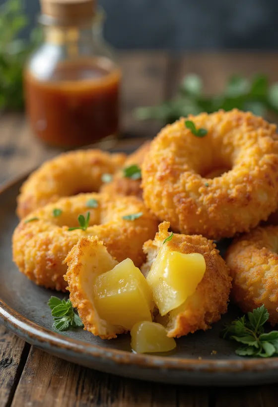 Ananászos korokke, aranybarna, ropogós falatok tálalva
