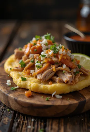 Arepa con Carne de Cerdo koreai stílusú étel tálalva