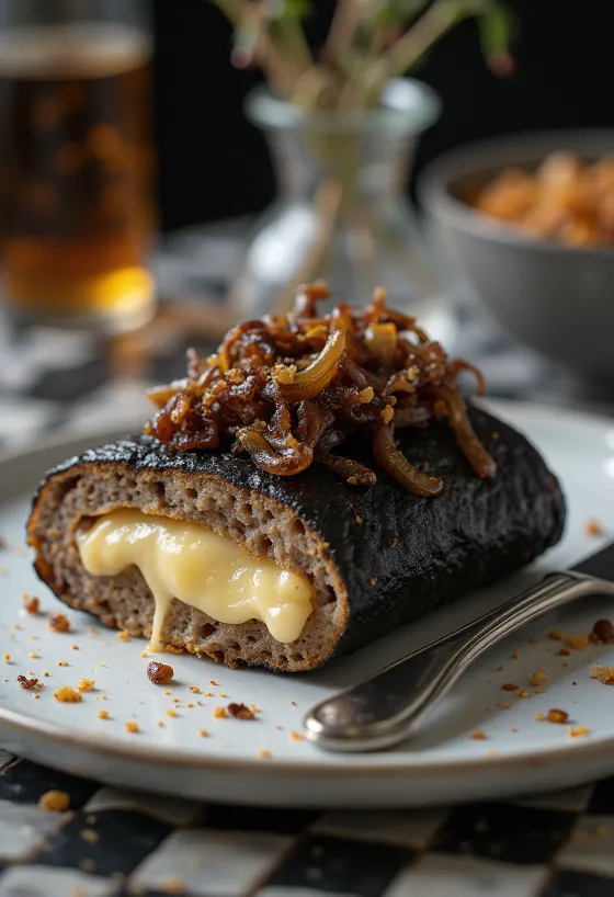 Black pudding sajttal töltve, karamellizált hagymával és friss petrezselyemmel tálalva