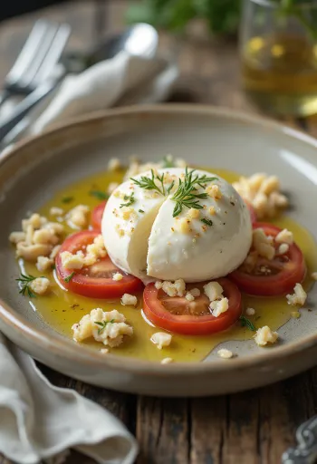 Burrata fokhagymával friss paradicsommal és salátával tálalva.