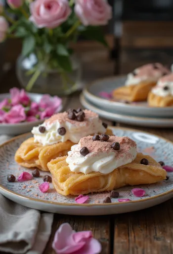 Cannoli rózsavízzel ízesítve, tálalva pörkölt mandulával és cukorral