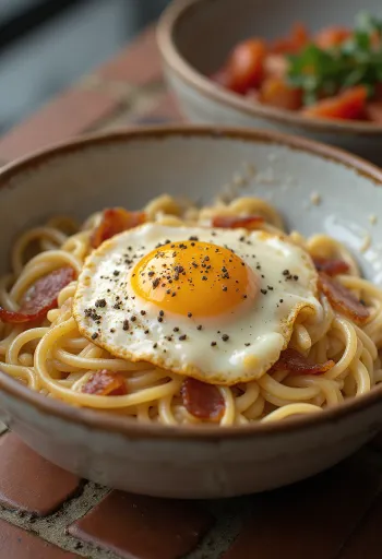 Carbonara Ramen tálalva krémes szósszal és baconnel