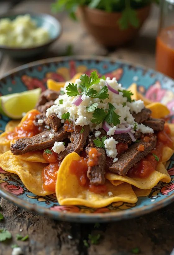 Chilaquiles con Cecina, ropogós tortilla darabok cecinával és paradicsomszósszal