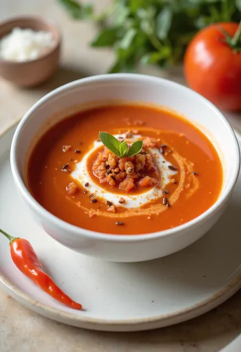 Chilis paradicsomkrémleves tálalva