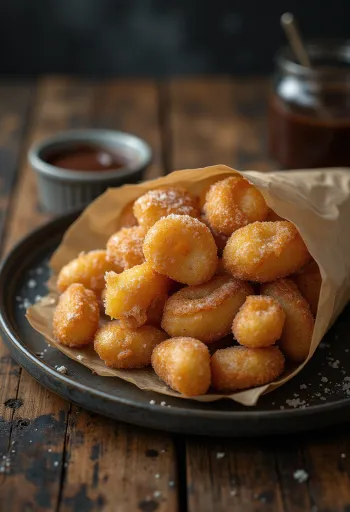 Churro falatkák fahéjas cukorba forgatva, csokoládémártással tálalva