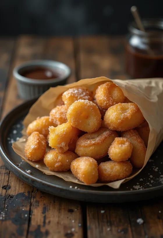 Churro falatkák fahéjas cukorba forgatva, csokoládémártással tálalva