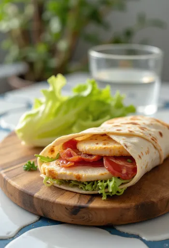 Club szendvics wrap csirkemellel, baconnel, sajttal és paradicsommal, kettévágva tálalva