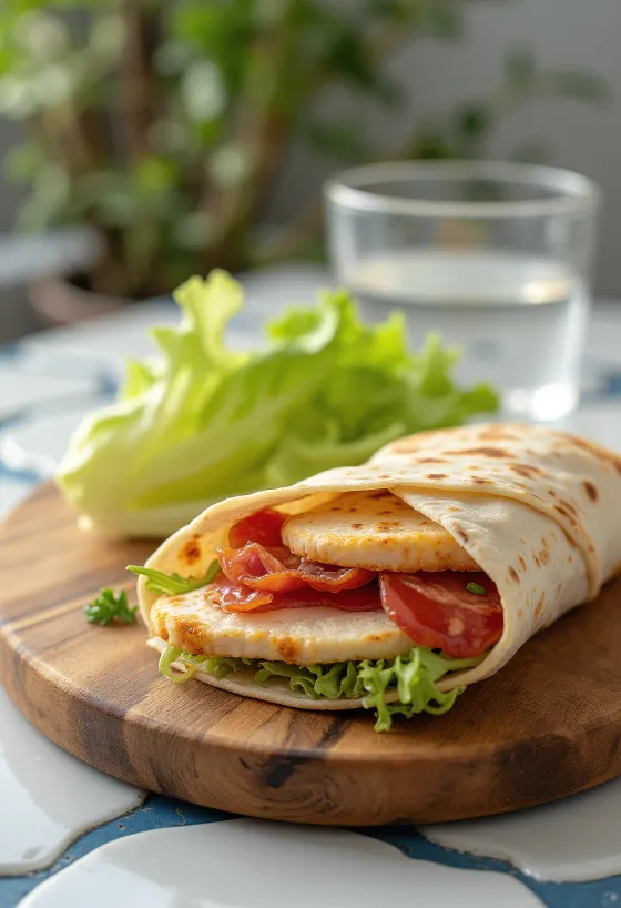 Club szendvics wrap csirkemellel, baconnel, sajttal és paradicsommal, kettévágva tálalva