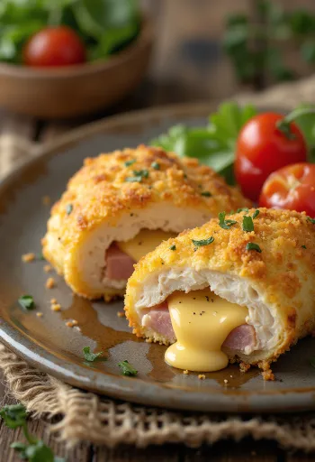 Cordon bleu tálalva friss salátával és sült burgonyával