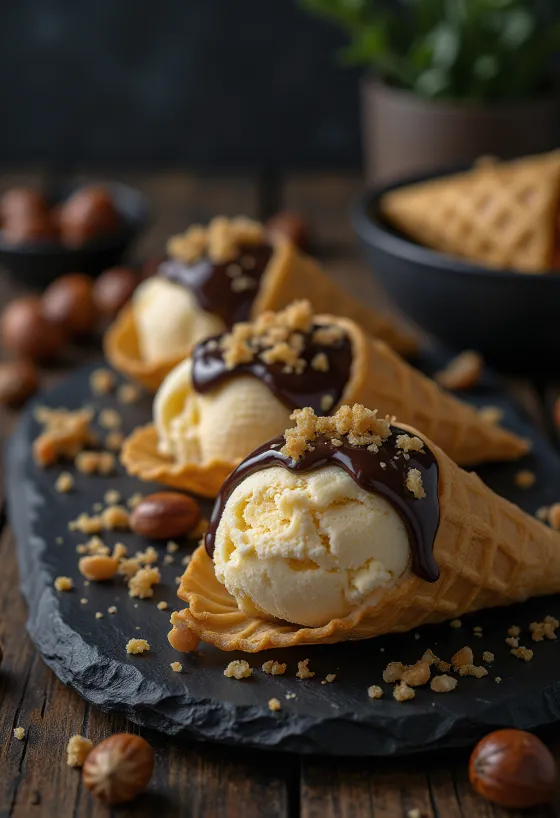 Cornetto Hazelnut fagylalt roppanós csokoládé bevonattal és pirított mogyoróval tálalva