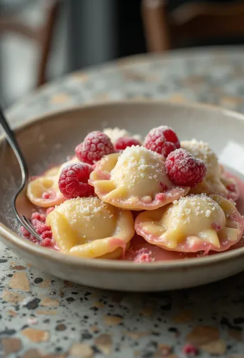 Édes málnakrémes ravioli tálalva