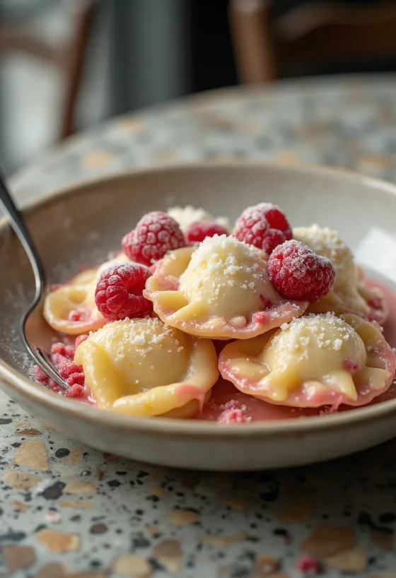 Édes málnakrémes ravioli tálalva