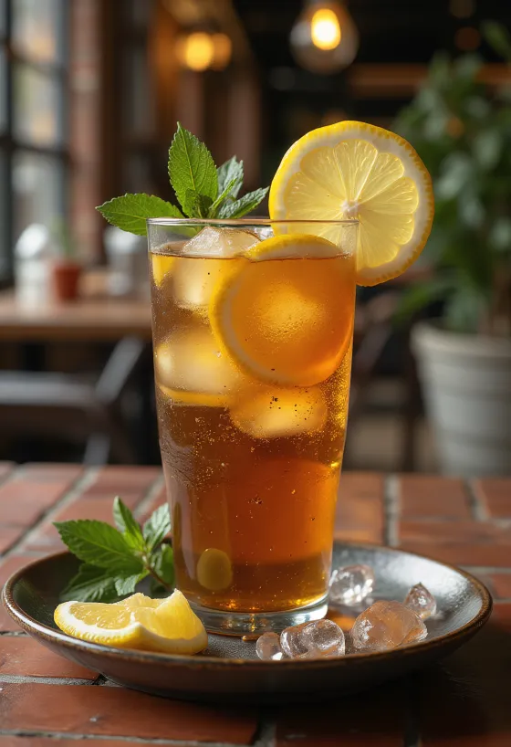 Fekete teás limonádé jégkockával és citromkarikával