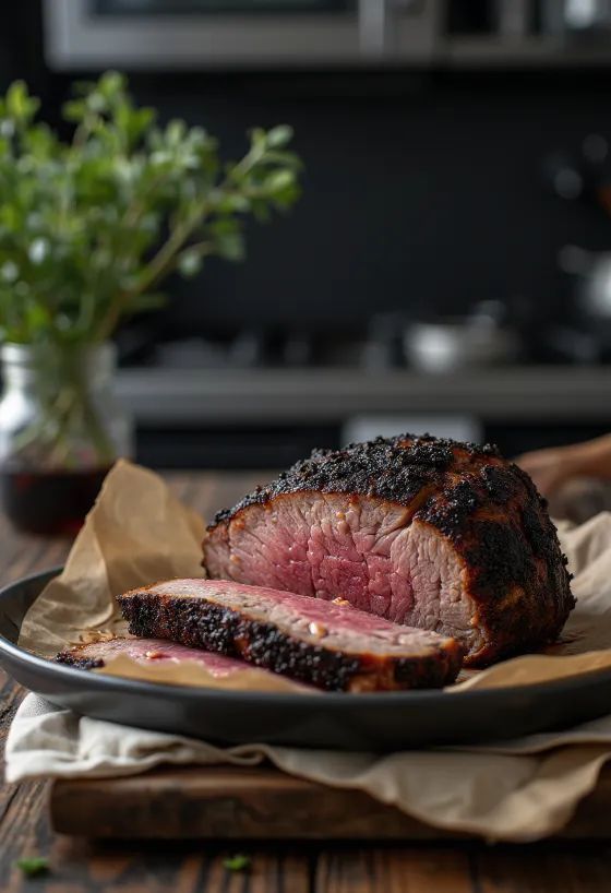 Füstölt BBQ marhaszegy fekete borsos kéreggel tálalva
