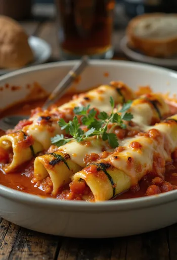 Grillezett cukkínis és füstölt sajtos cannelloni tálalva